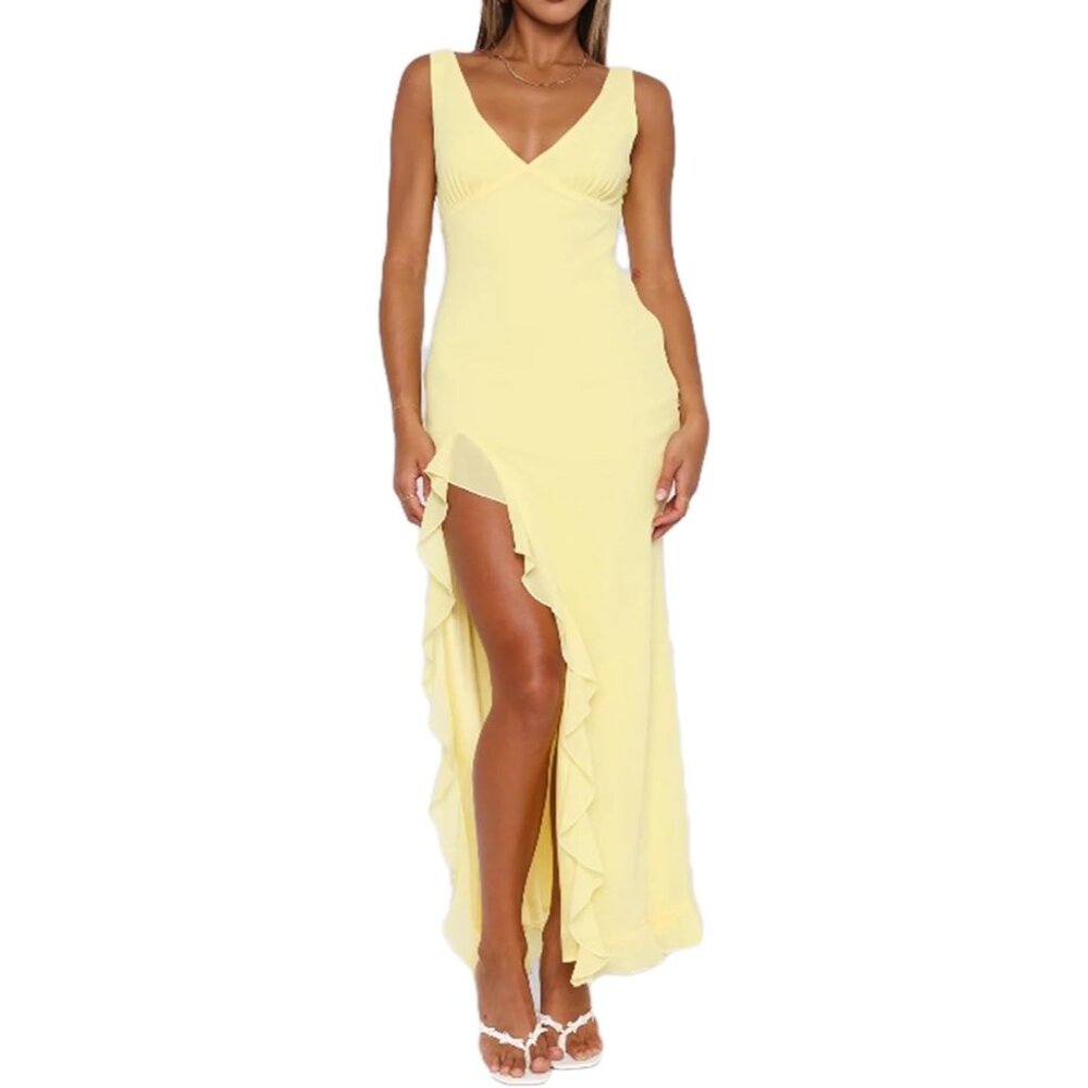 Women's Mesh Sequin Maxi Dress X-Large Ruffle Hem Sleeveless Slit